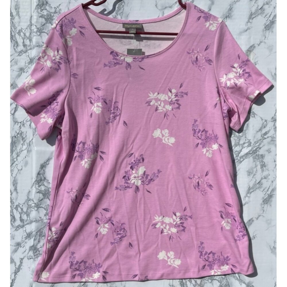 Style & Co Womens Floral Print Short Sleeve Tee 1X Millie Pink Made In Indonesia
